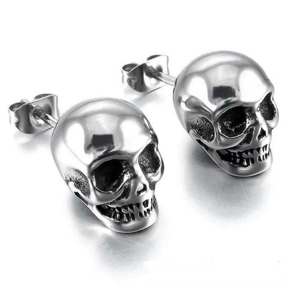 Skull Stud Earrings Women OS Silver Gothic Steam Punk Stainless Steel Streetwear